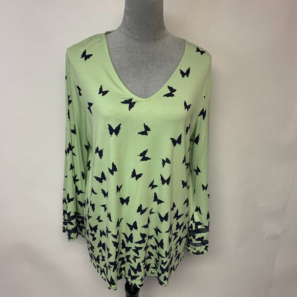 Belle Kim Graves Womens Top Size M Green & Black Butterflies Bell Sleeves causal - Picture 1 of 9